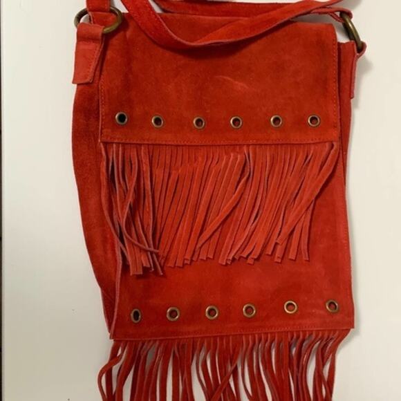 Red suede‎ leather double fringed shoulder bag New without tags. - Picture 3 of 11